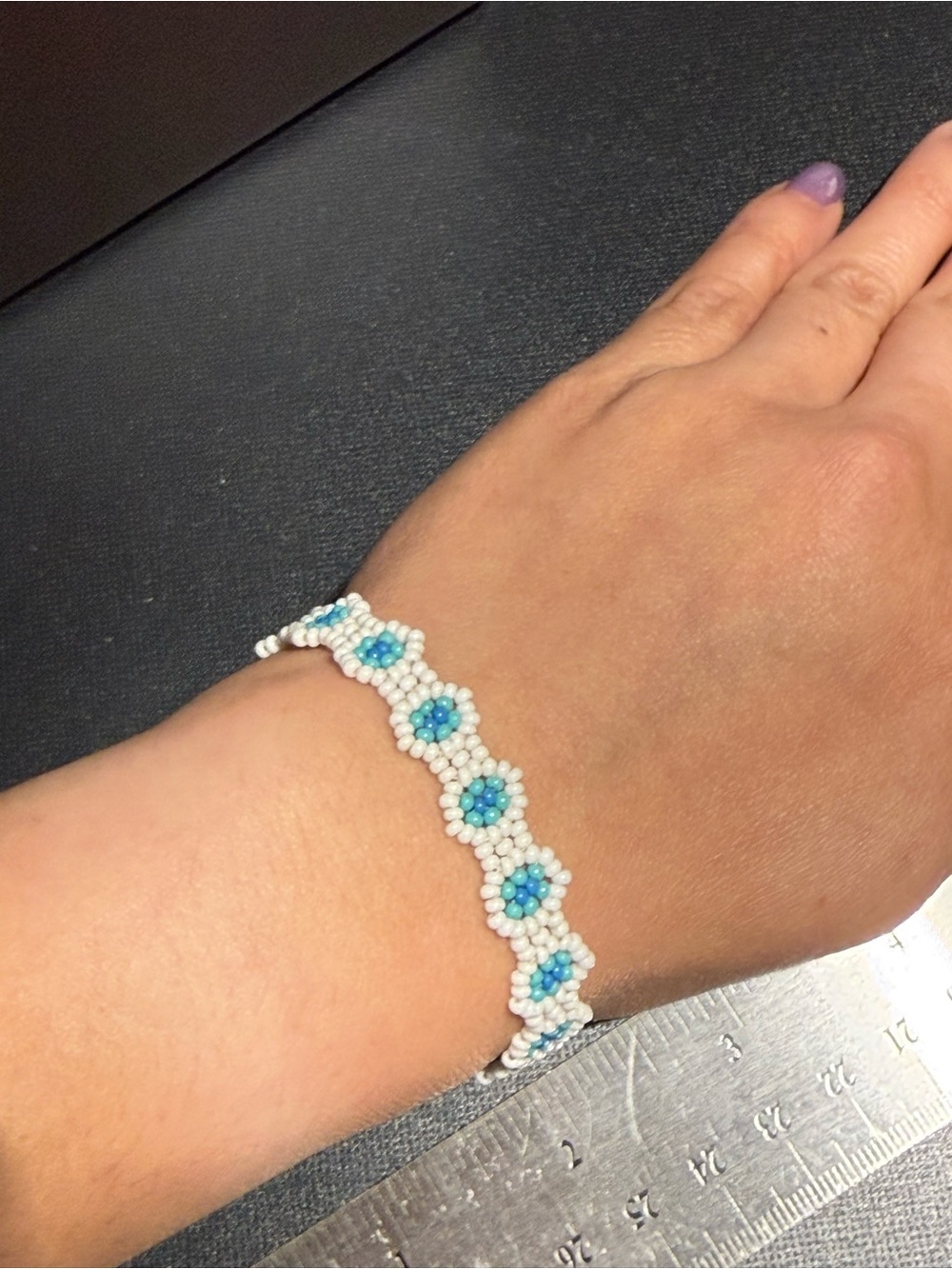 Handmade White and Blue Seed Bead Flower Bracelet